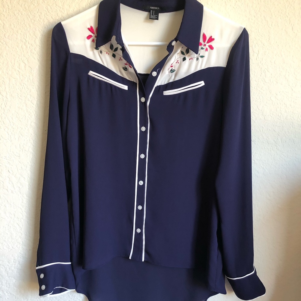 Forever21 Vintage Embroidered Chiffon Blouse S